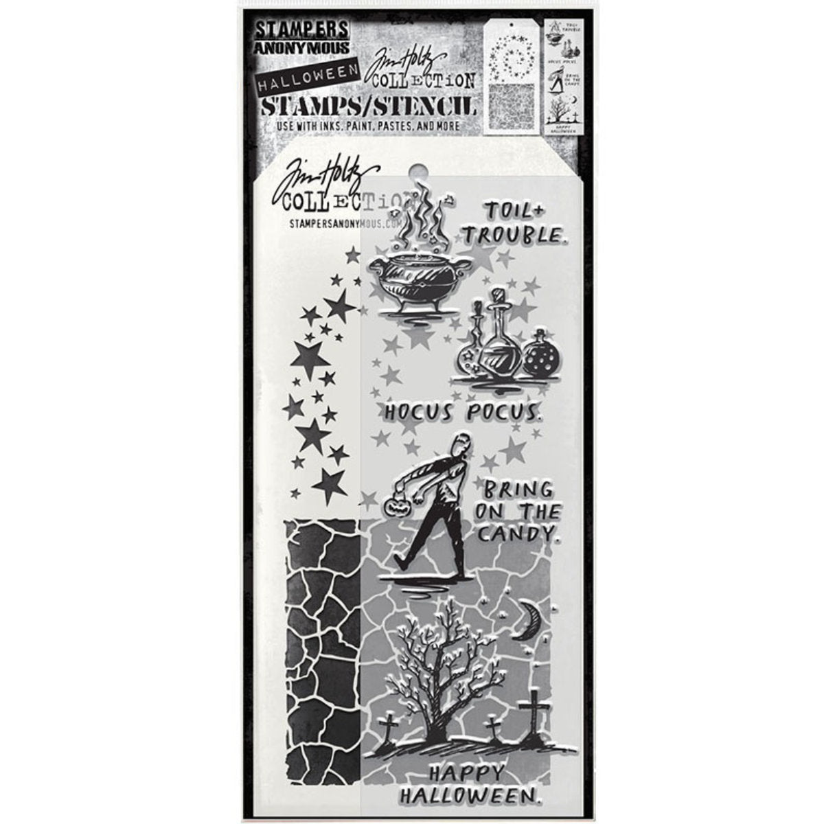 Halloween Sketches&nbsp; - Clear Stamps and Stencil Set ... by Tim Holtz and Stampers Anonymous. Set of clear photopolymer stamps featuring 8 (eight) fun Halloween images and greetings, plus 1 (one) combo stencil with 2 patterns, for using in papercrafts, mixed media, journaling, scrapbooking and other creative arty adventures (THMM193).