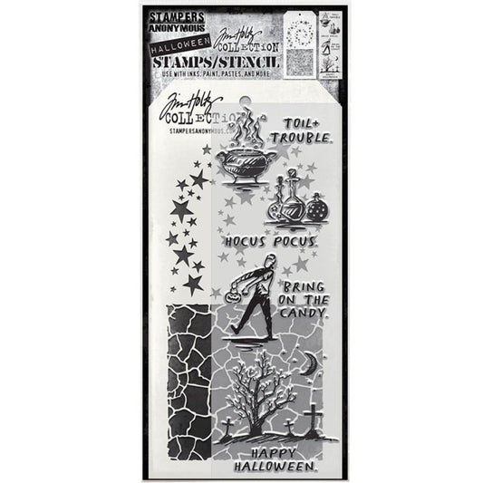Halloween Sketches&nbsp; - Clear Stamps and Stencil Set ... by Tim Holtz and Stampers Anonymous. Set of clear photopolymer stamps featuring 8 (eight) fun Halloween images and greetings, plus 1 (one) combo stencil with 2 patterns, for using in papercrafts, mixed media, journaling, scrapbooking and other creative arty adventures (THMM193).