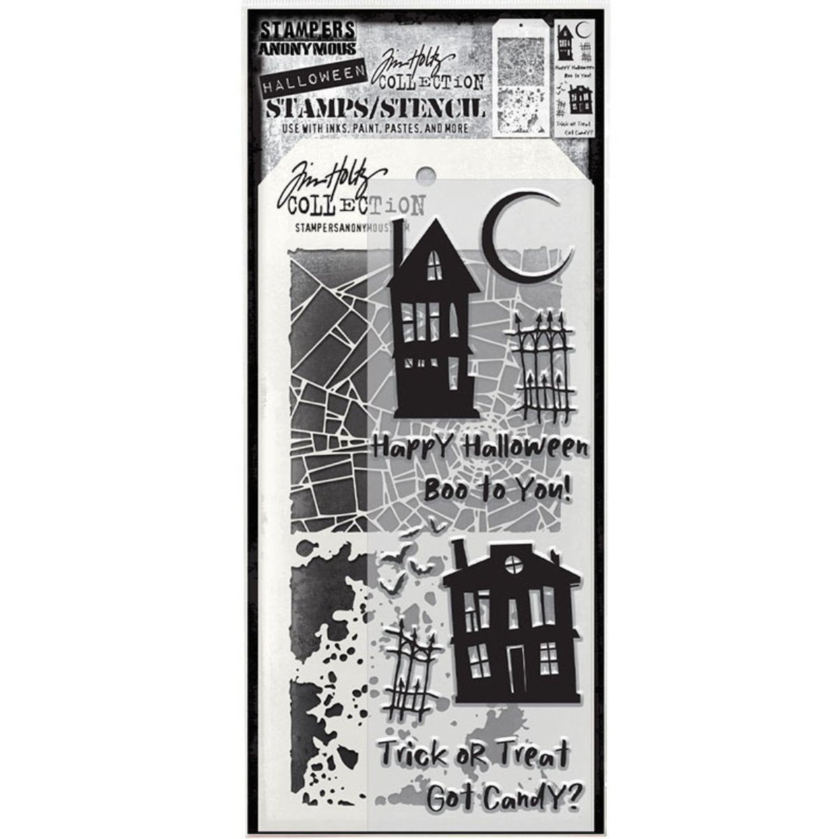Carved Halloween&nbsp; - Clear Stamps and Stencil Set ... by Tim Holtz and Stampers Anonymous. Set of clear photopolymer stamps featuring 10 (ten) fun Halloween designs of houses, moon, fence, gate, bats and greetings, plus 1 (one) combo stencil with 2 patterns, for using in papercrafts, mixed media, journaling, scrapbooking and other creative arty adventures (THMM194).
