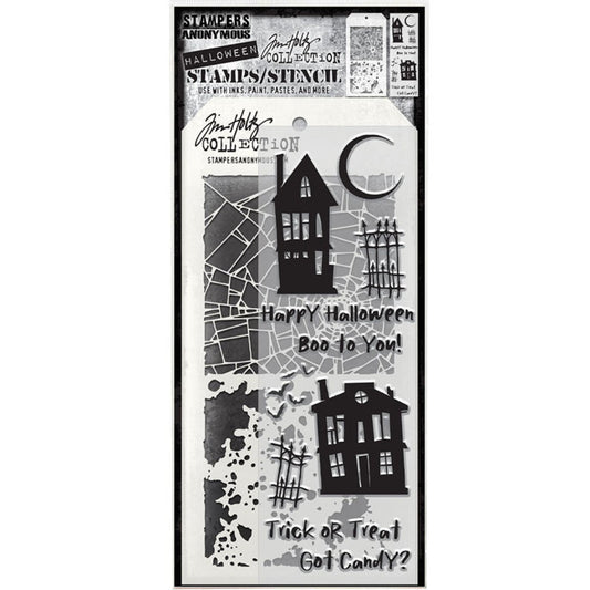 Carved Halloween&nbsp; - Clear Stamps and Stencil Set ... by Tim Holtz and Stampers Anonymous. Set of clear photopolymer stamps featuring 10 (ten) fun Halloween designs of houses, moon, fence, gate, bats and greetings, plus 1 (one) combo stencil with 2 patterns, for using in papercrafts, mixed media, journaling, scrapbooking and other creative arty adventures (THMM194).