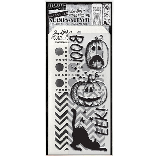 Boo! Eeek!&nbsp; - Clear Stamps and Stencil Set ... by Tim Holtz and Stampers Anonymous. Set of clear photopolymer stamps featuring 7 (seven) fun Halloween designs of carved style images of words boo and eek, pumpkins, cat, spatters, stars plus 1 (one) combo stencil with 2 patterns, for using in papercrafts, mixed media, journaling, scrapbooking and other creative arty adventures (THMM195).