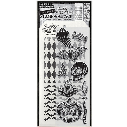Carved Halloween&nbsp; - Clear Stamps and Stencil Set ... by Tim Holtz and Stampers Anonymous. Set of clear photopolymer stamps featuring 8 (eight) fun Halloween designs in a hand carved woodcut style (ghost, bat, sweet, candle, skull, hat, broom, pumpkin), plus 1 (one) combo stencil with 2 patterns, harlequin and bats, for using in papercrafts, mixed media, journaling, scrapbooking and other creative arty adventures (THMM196).