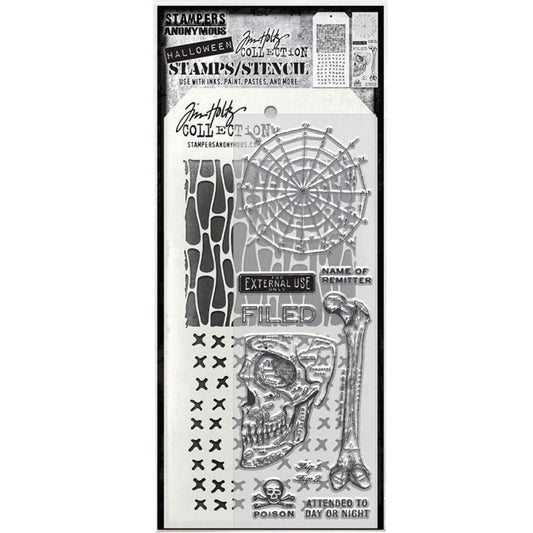 External Use (Web, Skull, Bone) - Clear Stamps and Stencil Set ... by Tim Holtz and Stampers Anonymous. Set of clear photopolymer stamps featuring 9 (nine) fun Halloween designs of whole spider web, skull (side view), long bone and various labels, plus 1 (one) combo stencil with 2 patterns, for using in papercrafts, mixed media, journaling, scrapbooking and other creative arty adventures (THMM197). Stencil patterns are narrow blobs like 1970s lava lamps and x's or cross stitches in rows.