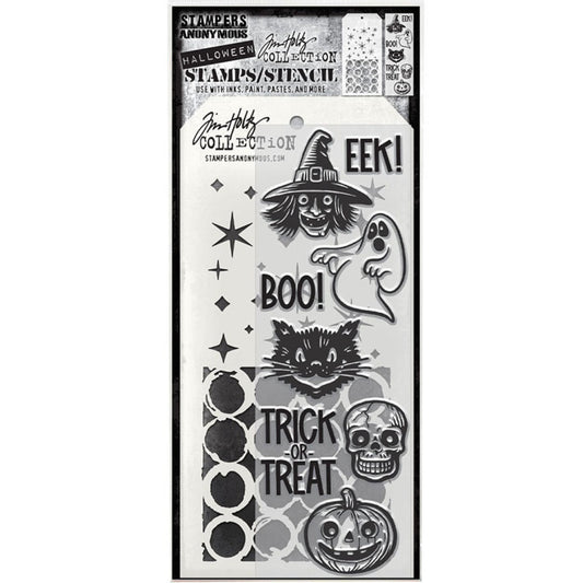 Retro Witch, Cat and Friends&nbsp; - Clear Stamps and Stencil Set ... by Tim Holtz and Stampers Anonymous. Set of clear photopolymer stamps featuring 8 (eight) fun Halloween designs of carved style images of witch face, ghost, cat, skull, pumpkin and words, plus 1 (one) combo stencil with 2 patterns, for using in papercrafts, mixed media, journaling, scrapbooking and other creative arty adventures (THMM198). This versatile collection of Halloween themed stamps features images and text in a carved style.