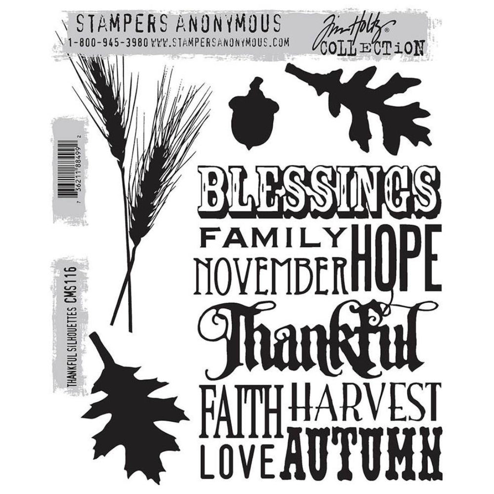 Thankful Silhouettes ... Cling Stamp Set by Tim Holtz and Stampers Anonymous (cms116).  a background of words in various typestyles (blessings, family, November, hope, thankful, faith, harvest, love, Autumn), leaves, an acorn and pair of wheat stalks. Perfect for using as mindful planner pages, thank yous, remembrance, Autumn, and anything to do with squirrels (it has oak leaves and acorns).