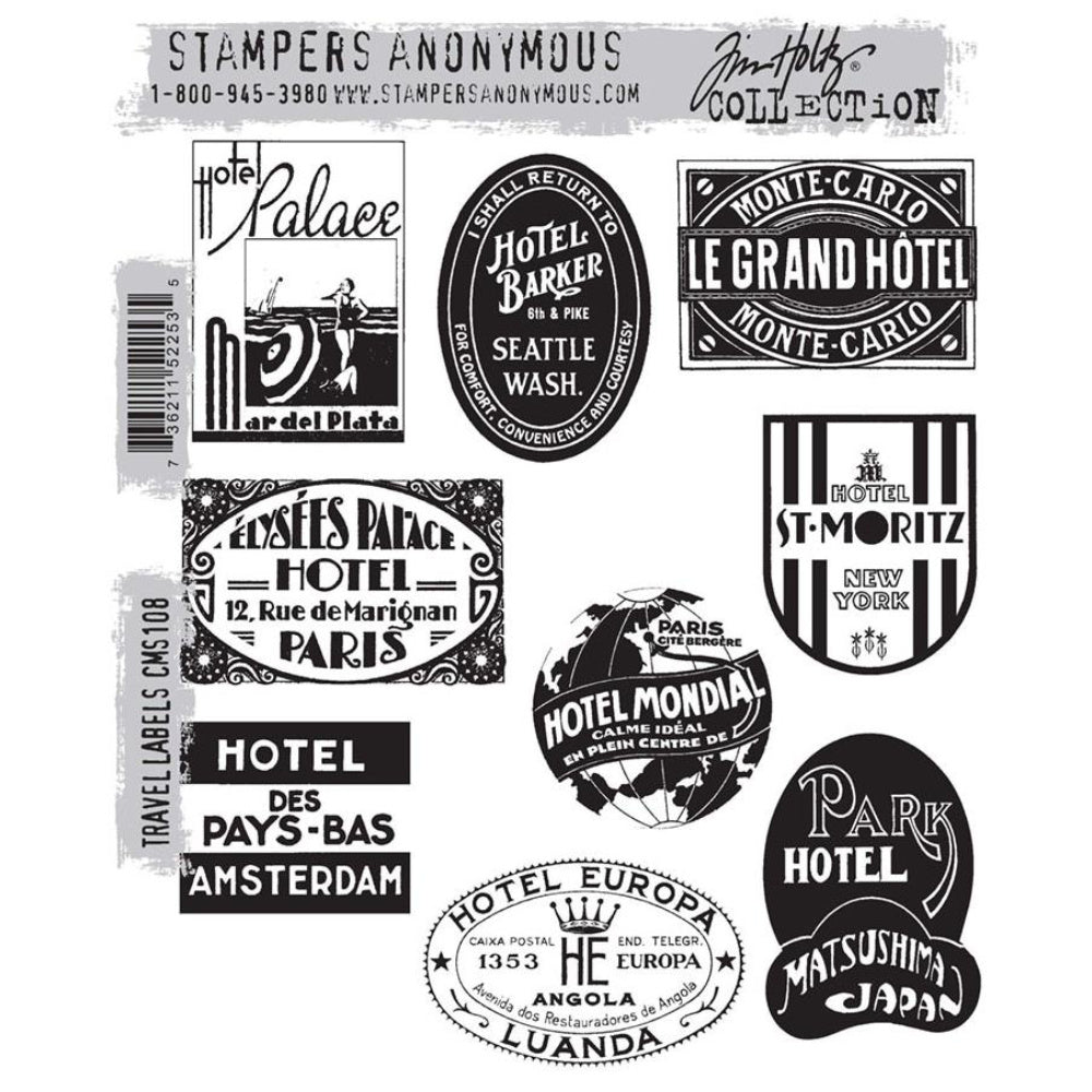 Travel Labels ... rubber stamps by Tim Holtz and Stampers Anonymous (CMS108). 9 (nine) designs of vintage labels or advertising posters for hotels from around the world.

This wonderful well travelled collection of designs feature vintage imagery of hotel labels and poster art from places all over the world including St Moritz, Monte Carlo, Japan and more.

Sizes (approx) : Hotel Palace (top left) is 1 5/8" x 2 1/4" high.