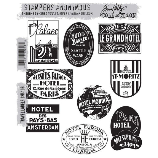 Travel Labels ... rubber stamps by Tim Holtz and Stampers Anonymous (CMS108). 9 (nine) designs of vintage labels or advertising posters for hotels from around the world.

This wonderful well travelled collection of designs feature vintage imagery of hotel labels and poster art from places all over the world including St Moritz, Monte Carlo, Japan and more.

Sizes (approx) : Hotel Palace (top left) is 1 5/8" x 2 1/4" high.