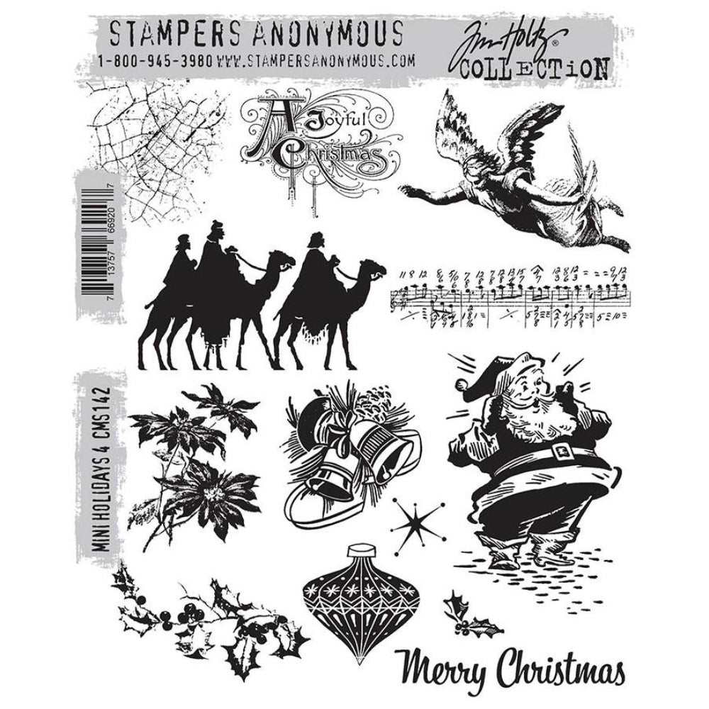 Mini Holidays, set 4 ... Cling Stamp Set by Tim Holtz and Stampers Anonymous (cms142). Selection of Christmas inspired red rubber stamps for cardmaking, junk journals, planners, mixed media, art journaling and papercrafts. Set of 13 (thirteen) stamps. Featuring retro and traditional designs of camels, angel, bells, holly, music, greetings and Father Christmas.