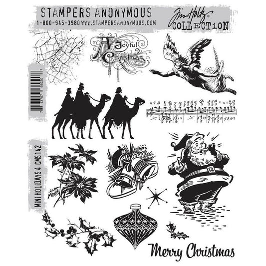 Mini Holidays, set 4 ... Cling Stamp Set by Tim Holtz and Stampers Anonymous (cms142). Selection of Christmas inspired red rubber stamps for cardmaking, junk journals, planners, mixed media, art journaling and papercrafts. Set of 13 (thirteen) stamps. Featuring retro and traditional designs of camels, angel, bells, holly, music, greetings and Father Christmas.
