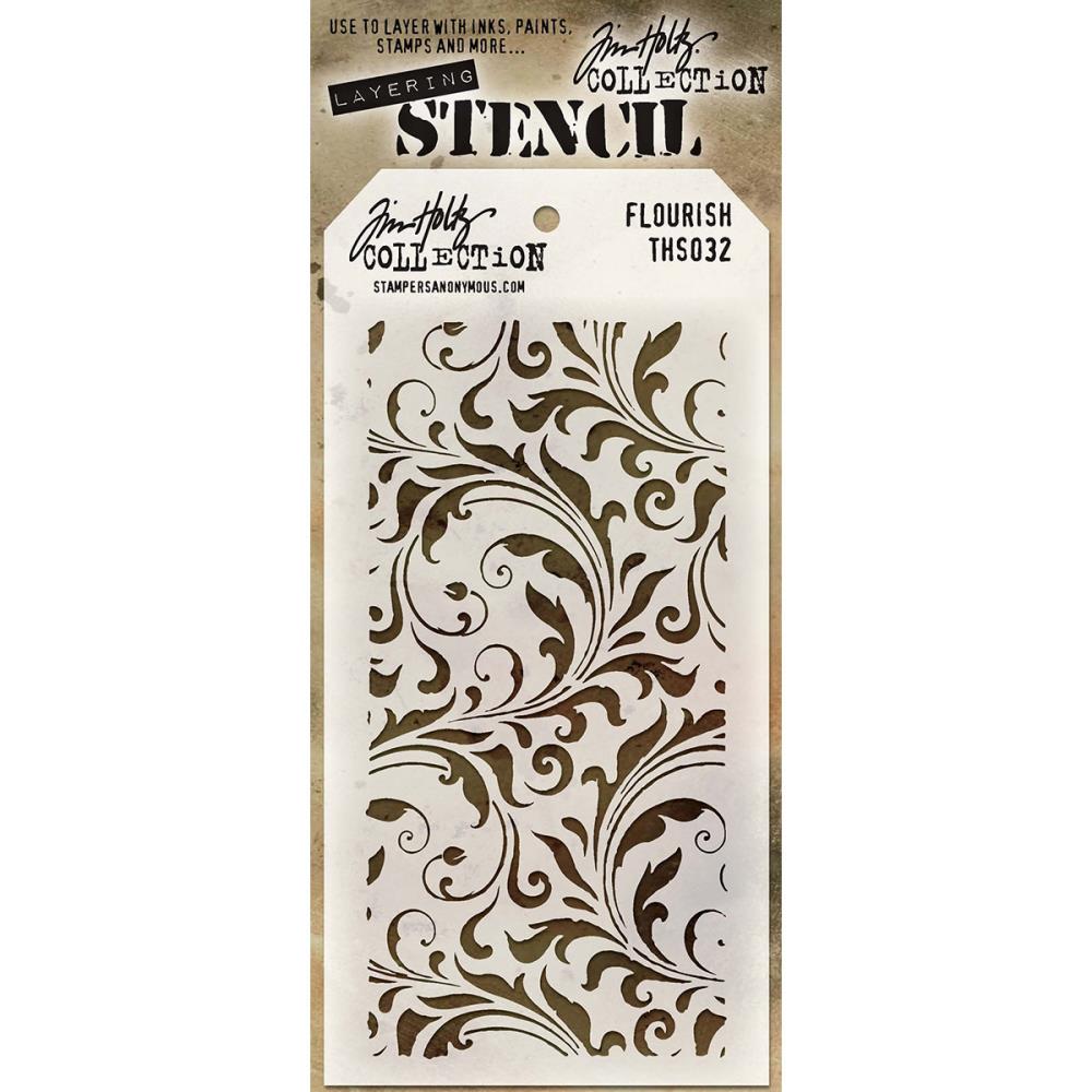 Flourish ... layering stencil by Tim Holtz (THS032). This design by Tim features a beautiful background of swirls and swishes. Create layers of colour and texture using this stencil with a wide variety of art supplies - paints, pastels, markers, pencils, gesso, texture paste, mediums and other art and craft materials. Tim Holtz Layering Stencils are made of a creamy coloured, fine, semi-translucent plastic. Stencils are fantastic versatile tools that are easy to use.