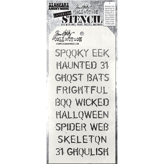 Halloween (type) - Layering Stencil by Tim Holtz and Stampers Anonymous ... mixed media and visual arts masks for adding patterns and layers using your favourite mediums. One stencil with a design of words and numbers, perfect for Halloween creativity. Overall stencil is 4" x 8 1/2". THS027. An uppercase typestyle 11mm high, with speckly effects scattered around for a grungy effect - spooky, eek, haunted, ghost, bats, frightful, boo, wicked, web, ghoulish, spider, skeleton, 31, 13.