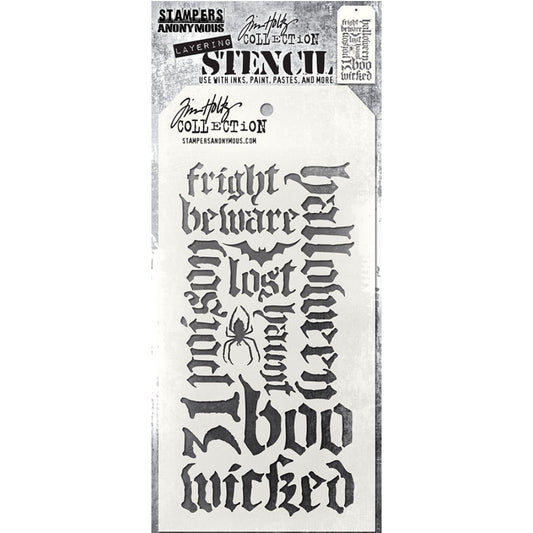 Halloween Script - Layering Stencil by Tim Holtz and Stampers Anonymous ... mixed media and visual arts masks for adding patterns and layers using your favourite mediums. One stencil with a design of October themed words in an olde English style typeface, perfect for Halloween creativity. Overall stencil is 4" x 8 1/2". THS063.&nbsp;

Add spooky words with impact using text styled in an olde worlde style typeface in a variety of sizes and in different directions - with a flying bag and hanging spider. 