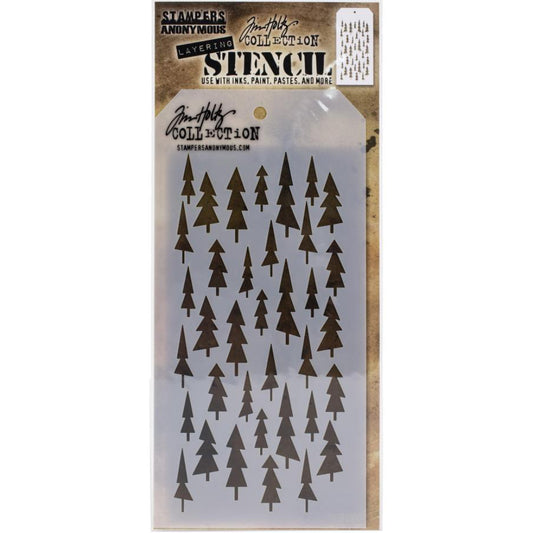 Tree Lot ... layering stencil by Tim Holtz (THS150). This design by Tim features a beautiful background of a forest, dozens of little stylised pine trees, set out randomly in a variety of sizes. Create layers of colour and texture using this stencil with a wide variety of art supplies - paints, pastels, markers, pencils, gesso, texture paste, mediums and other art and craft materials. Tim Holtz Layering Stencils are made of a creamy coloured, fine, semi-translucent plastic. 