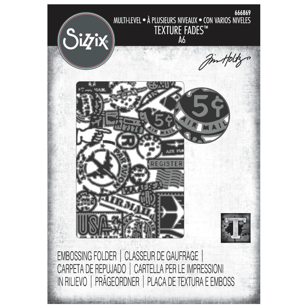 Airmail - Texture Fades Embossing Folder ... by Tim Holtz and Sizzix (no.666869). Inspired by vintage postmarks, stamps, labels and stamped imagery from letters around the world, this easy to use embossing folder creates a beautiful vintage look and feel with paper, vellum and cardstock. The detailed design and linework create amazing dimensional texture, ideal for all kinds of papercrafts, pockets, junk journals, scrapbook pages, card backgrounds, anything you wish to make! Image of the cover.
