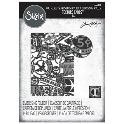 Airmail - Texture Fades Embossing Folder ... by Tim Holtz and Sizzix (no.666869). Inspired by vintage postmarks, stamps, labels and stamped imagery from letters around the world, this easy to use embossing folder creates a beautiful vintage look and feel with paper, vellum and cardstock. The detailed design and linework create amazing dimensional texture, ideal for all kinds of papercrafts, pockets, junk journals, scrapbook pages, card backgrounds, anything you wish to make! Image of the cover.