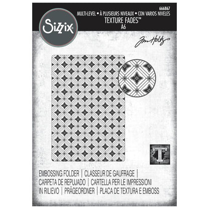 Diamonds - Texture Fades Embossing Folder ... by Tim Holtz and Sizzix (no.666867). Inspired by beautiful nostalgic patterns, this easy to use embossing folder creates a beautiful diamond pattern with paper, vellum and cardstock. The detailed design and linework create amazing dimensional texture, ideal for all kinds of papercrafts, pockets, junk journals, scrapbook pages, card backgrounds, anything you wish to make! Image of the cover.