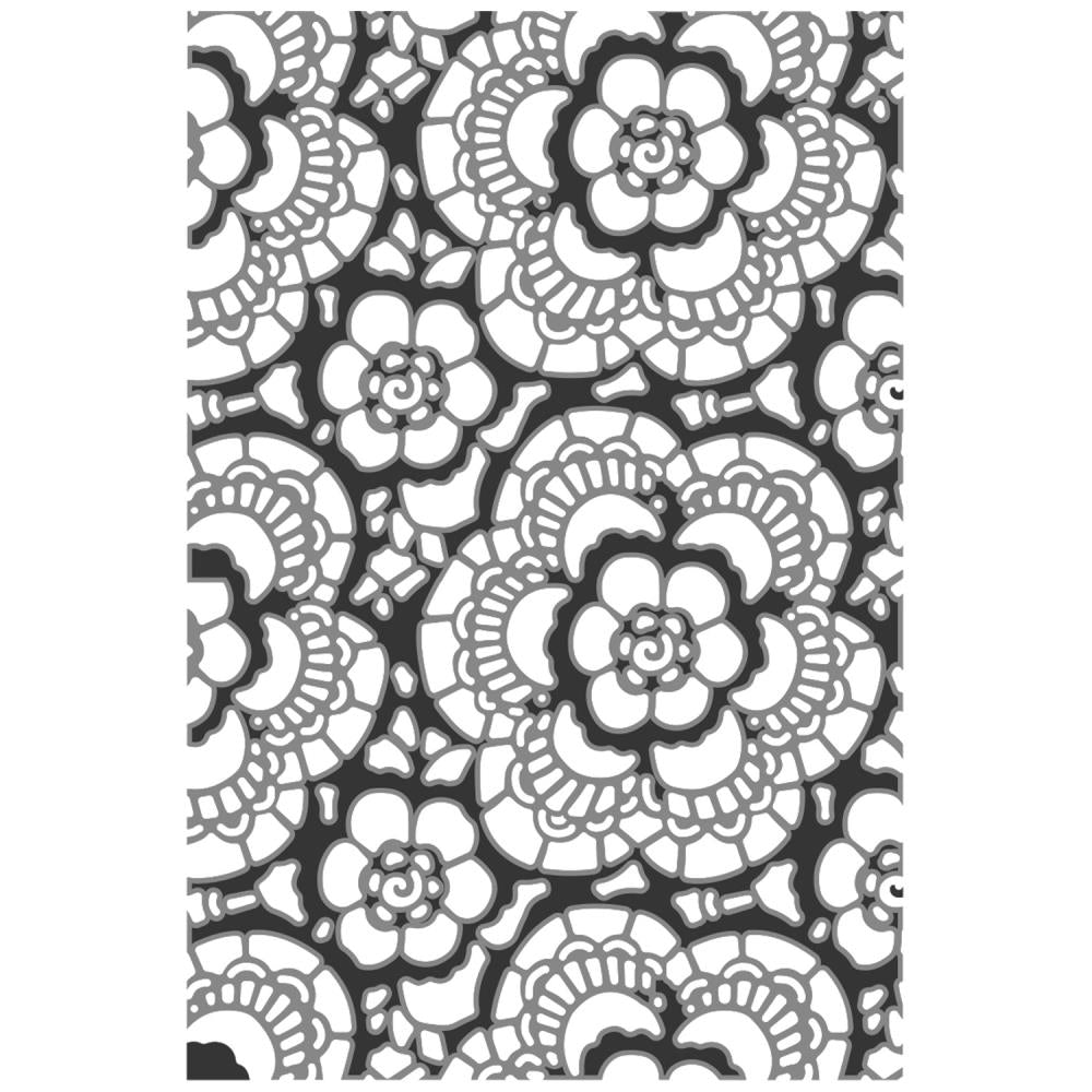 Lace - Texture Fades Embossing Folder ... by Tim Holtz and Sizzix (no.666865). Inspired by vintage lacework, doilies, curtains and tablecloths, this embossing folder creates a beautiful pattern to use with paper, vellum and cardstock. The detailed design and linework create amazing dimensional texture, ideal for all kinds of papercrafts, pockets, junk journals, scrapbook pages, card backgrounds, anything you wish to make! Image of the design.