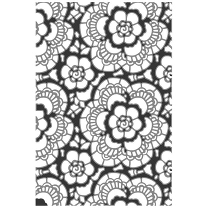 Lace - Texture Fades Embossing Folder ... by Tim Holtz and Sizzix (no.666865). Inspired by vintage lacework, doilies, curtains and tablecloths, this embossing folder creates a beautiful pattern to use with paper, vellum and cardstock. The detailed design and linework create amazing dimensional texture, ideal for all kinds of papercrafts, pockets, junk journals, scrapbook pages, card backgrounds, anything you wish to make! Image of the design.
