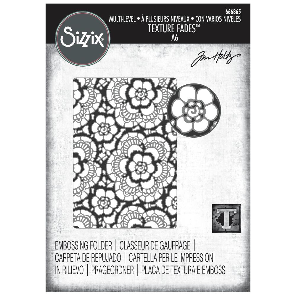Lace - Texture Fades Embossing Folder ... by Tim Holtz and Sizzix (no.666865). Inspired by vintage lacework, doilies, curtains and tablecloths, this embossing folder creates a beautiful pattern to use with paper, vellum and cardstock. The detailed design and linework create amazing dimensional texture, ideal for all kinds of papercrafts, pockets, junk journals, scrapbook pages, card backgrounds, anything you wish to make! From the Vault! Image of the pack.