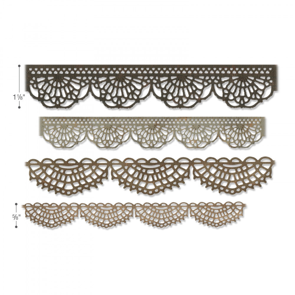 Crochet (set 1) ... Thinlits - Die Cutting Templates by Tim Holtz and Sizzix (no.664178). A wonderful selection of borders and edging to cut out of paper, cardstock and vellum, to create a realistic look of crochet or bobbinlace.

Use these designs for layering and adding dimension for cards, scrapbook pages, journaling, mixed media of all kinds. This template cuts out the elements of the design, without a rectangle cutout, to create long lengths of crochet wherever you stitch!