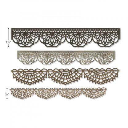Crochet (set 1) ... Thinlits - Die Cutting Templates by Tim Holtz and Sizzix (no.664178). A wonderful selection of borders and edging to cut out of paper, cardstock and vellum, to create a realistic look of crochet or bobbinlace.

Use these designs for layering and adding dimension for cards, scrapbook pages, journaling, mixed media of all kinds. This template cuts out the elements of the design, without a rectangle cutout, to create long lengths of crochet wherever you stitch!