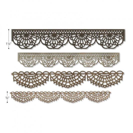 Crochet (set 1) ... Thinlits - Die Cutting Templates by Tim Holtz and Sizzix (no.664178). A wonderful selection of borders and edging to cut out of paper, cardstock and vellum, to create a realistic look of crochet or bobbinlace.

Use these designs for layering and adding dimension for cards, scrapbook pages, journaling, mixed media of all kinds. This template cuts out the elements of the design, without a rectangle cutout, to create long lengths of crochet wherever you stitch!