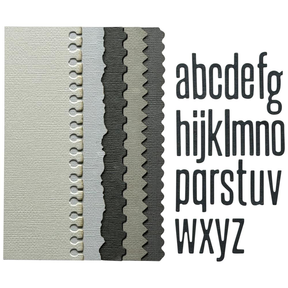 Edges - Sizzix Thinlits die cutting templates by Tim Holtz. 5 (five) long die cut edge designs (notepaper, torn paper, cog, zigzag and wavy) plus a lower case alphabet from a to z (narrow san serif, one of each letter). 31 (thirty one) pieces in total (no.666873). Image of the designs.