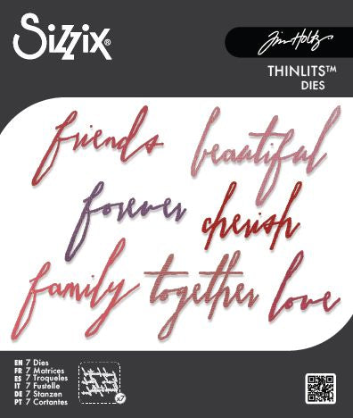 Handwritten Love - Sizzix Thinlits die cutting templates by Tim Holtz (660218). Text based die cutting designs in wonderful freestyle handwriting with words for all kinds of excuses to create. 7 (seven) pieces in total (no.660218). Words include - friends, beautiful, forever, cherish, family, together, love. Make envelopes, tags, labels, banners, tickets, stationery pieces, journal fodder, junk journal pages, scrapbooking elements and much more. 