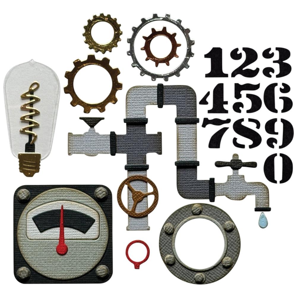 Industrial - Sizzix Thinlits die cutting templates by Tim Holtz. 37 (thirty seven) assorted patterns and shapes for a complete steampunk makeover including vintage lightglobe, gauge or dial, gears, numbers, pipes and corners, tap, drip, round washer, arrow bolt tops and more (no.666874). Photo of the designs.
