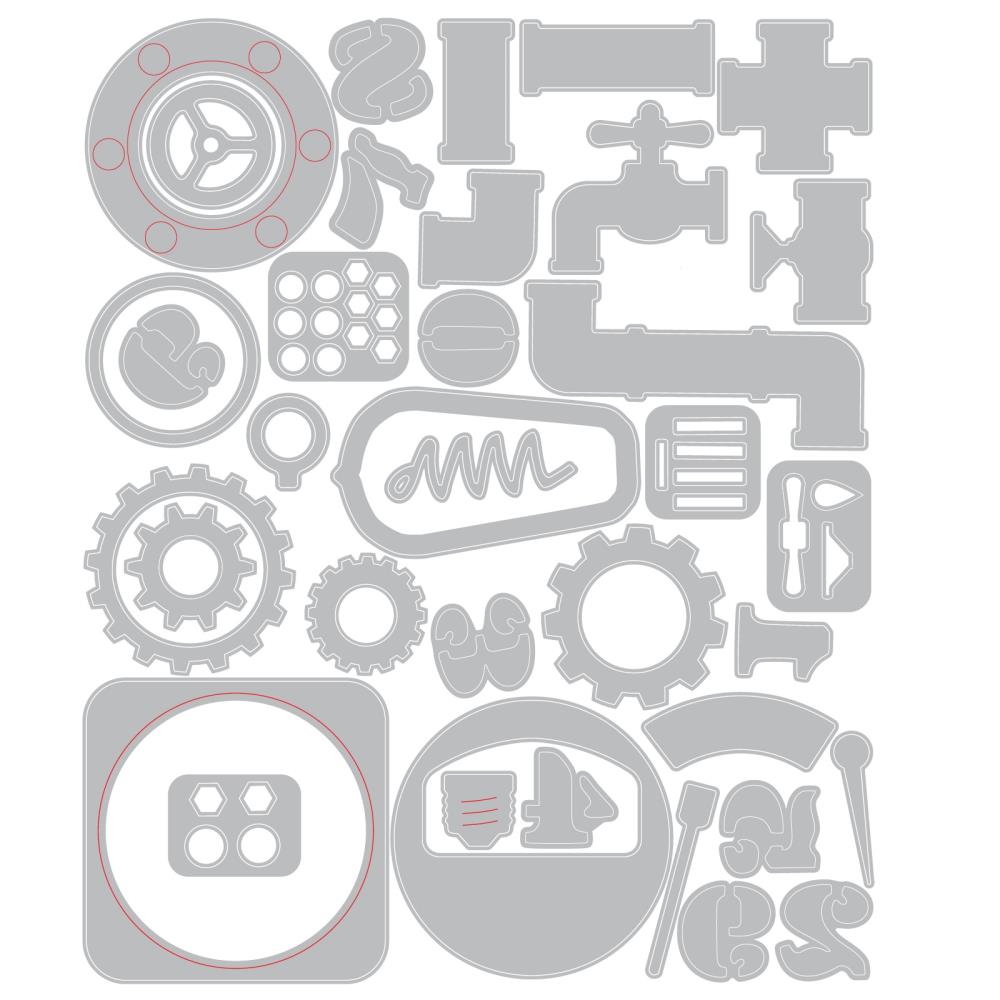 Industrial - Sizzix Thinlits die cutting templates by Tim Holtz. 37 (thirty seven) assorted patterns and shapes for a complete steampunk makeover including vintage lightglobe, gauge or dial, gears, numbers, pipes and corners, tap, drip, round washer, arrow bolt tops and more (no.666874). Image of the templates.