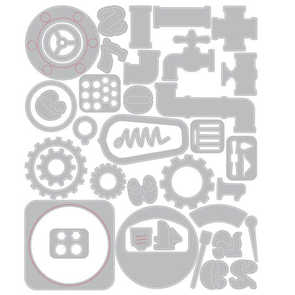 Industrial - Sizzix Thinlits die cutting templates by Tim Holtz. 37 (thirty seven) assorted patterns and shapes for a complete steampunk makeover including vintage lightglobe, gauge or dial, gears, numbers, pipes and corners, tap, drip, round washer, arrow bolt tops and more (no.666874). Image of the templates.