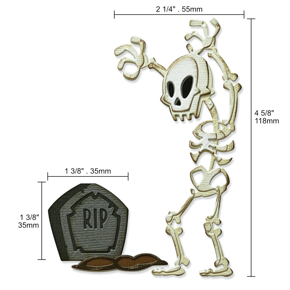 Mr Bones ... Colorize Thinlits Die Cutting Templates by Tim Holtz, made by Sizzix (no.665554). 9 (nine) patterns to cut out a cheeky skeleton and a short gravestone.  Tim's Mr Bones the Skeleton is trying to scare the pants off us, however he's just so much fun so he's hardly frightening! Create Mr Bones into a card, home decor decoration, art journal page or scrapbook memory. Photo of dimensions, size, of the characters.