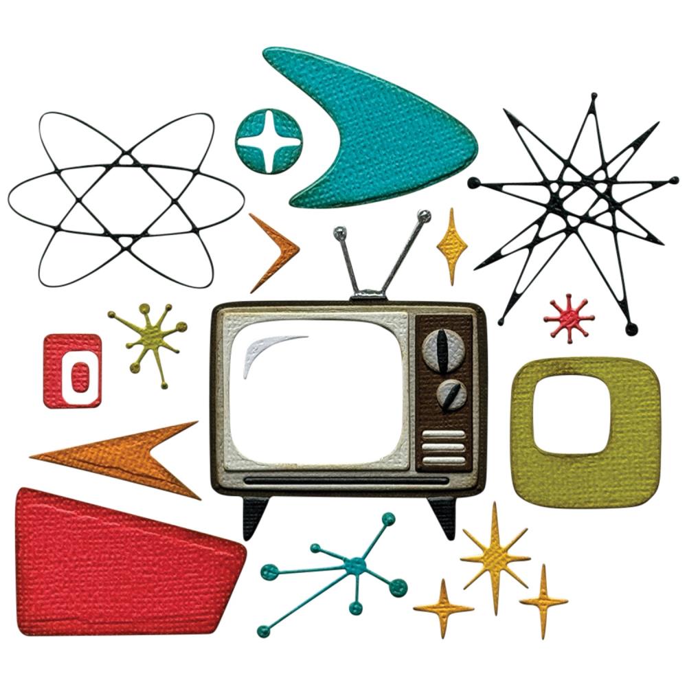 Atomic Retro - Sizzix Thinlits die cutting templates by Tim Holtz. 24 (twenty four) assorted patterns and shapes from out of this world including a vintage television (1950/60s style with Uncle Martin type antenna), sparkles, cosmic spirals, stars, arrows, squares with rounded bits and lots more (no.666875). Photo of the designs.