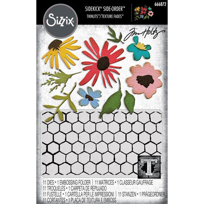Floristry - Sidekick SideOrder Set ... by Tim Holtz, made by Sizzix - Thinlits Die Cutting Templates and Texture Fades Embossing Folder for use in mixed media, planners, journaling, cardmaking, scrapbooking and papercrafts (no.666872). Set includes 11 (eleven) dies, 1 embossing folder. Photo of the pack.