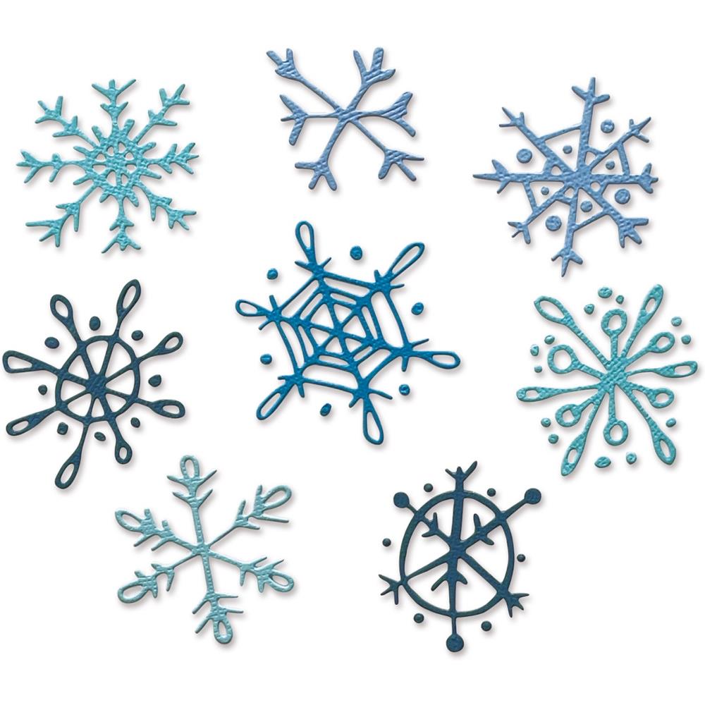 Scribbly Snowflakes ... Thinlits - Die Cutting Templates by Tim Holtz and Sizzix (prodoct id 665582).

Imagine adding many layers into your project with ease! Create depth, colour variations and 3D elements without spending hours fussy cutting with scissors.

This set features 8 (eight) different snowflakes in wonderful relaxed styles.