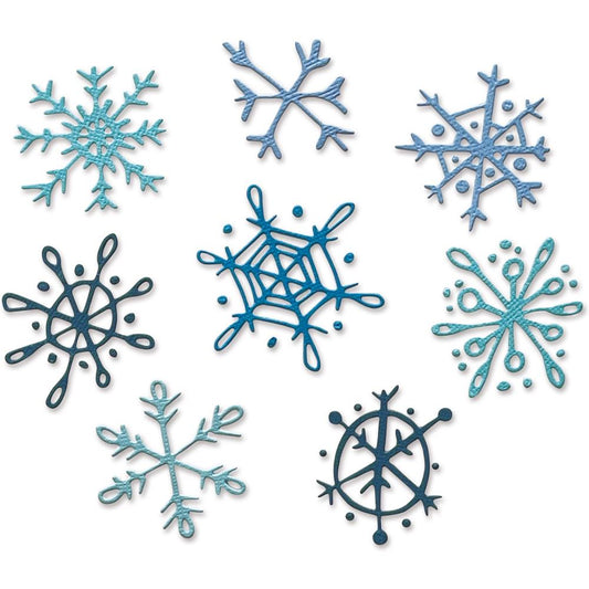 Scribbly Snowflakes ... Thinlits - Die Cutting Templates by Tim Holtz and Sizzix (prodoct id 665582).

Imagine adding many layers into your project with ease! Create depth, colour variations and 3D elements without spending hours fussy cutting with scissors.

This set features 8 (eight) different snowflakes in wonderful relaxed styles.