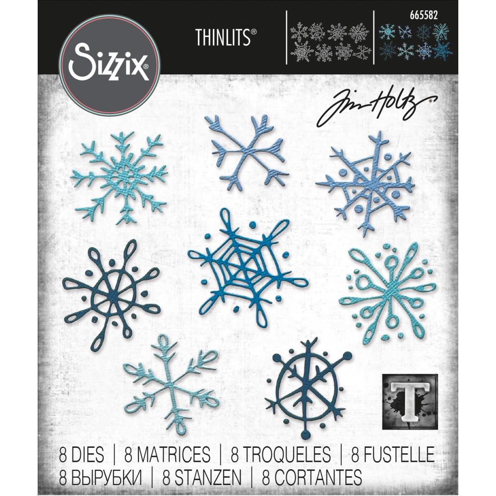 Scribbly Snowflakes ... Thinlits - Die Cutting Templates by Tim Holtz and Sizzix (prodoct id 665582).

Imagine adding many layers into your project with ease! Create depth, colour variations and 3D elements without spending hours fussy cutting with scissors.

This set features 8 (eight) different snowflakes in wonderful relaxed styles.