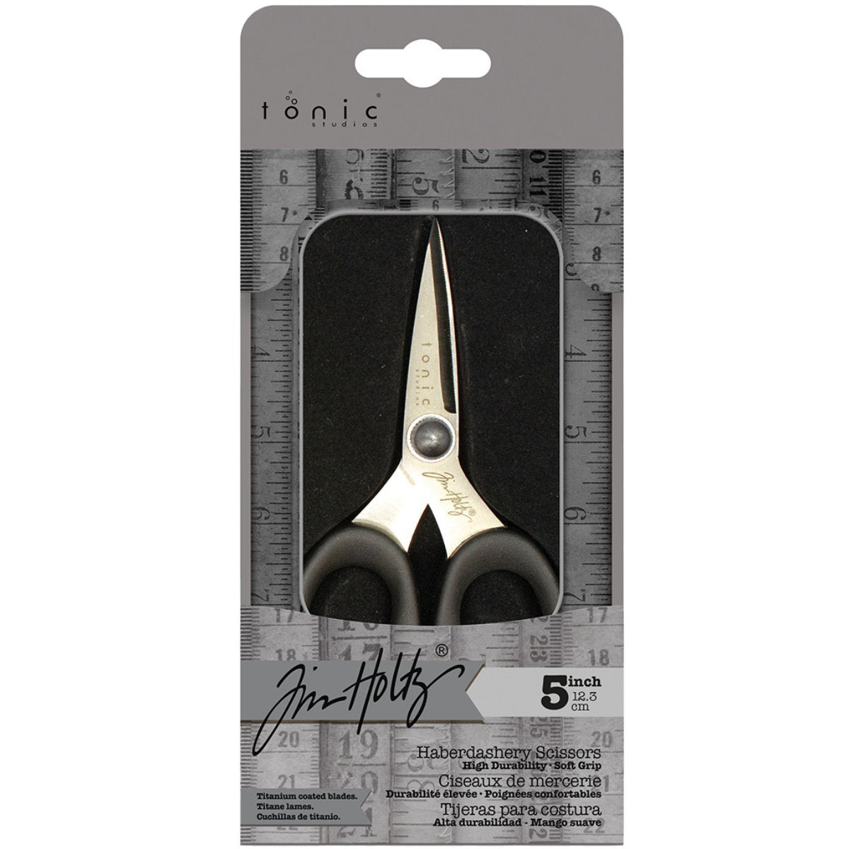 Haberdashery Scissors - 5 inch ... by Tim Holtz. Sharp embroidery scissors with 40mm blades (measured along the inside cutting edge). Made by Tonic Studio with titanium coated, precision ground, ultra sharp blades, these strong, durable scissors are built to last. With its resistance to rust and corrosion, this pair of scissors is perfect for any of your projects whether in the sewing room, craft room or art studio.