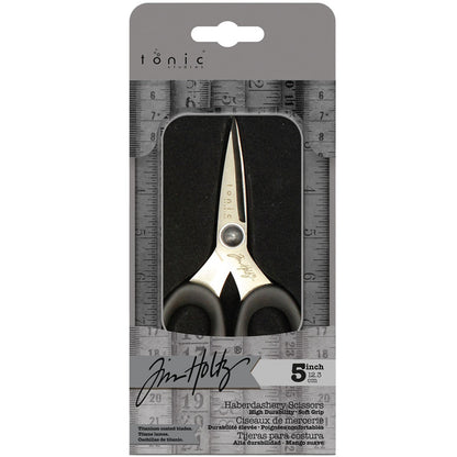 Haberdashery Scissors - 5 inch ... by Tim Holtz. Sharp embroidery scissors with 40mm blades (measured along the inside cutting edge). Made by Tonic Studio with titanium coated, precision ground, ultra sharp blades, these strong, durable scissors are built to last. With its resistance to rust and corrosion, this pair of scissors is perfect for any of your projects whether in the sewing room, craft room or art studio.