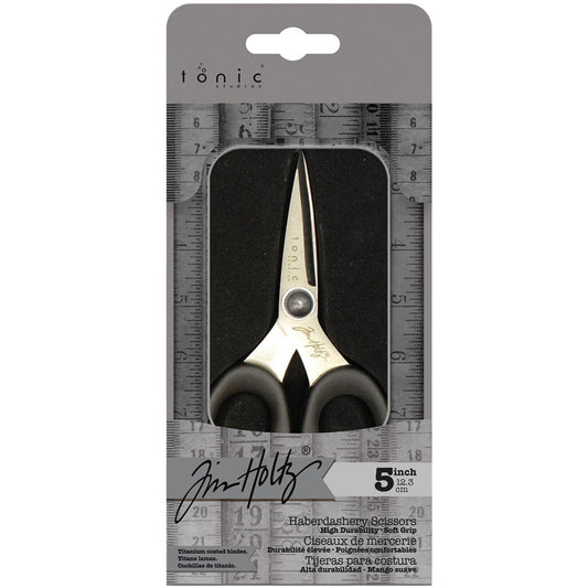 Haberdashery Scissors - 5 inch ... by Tim Holtz. Sharp embroidery scissors with 40mm blades (measured along the inside cutting edge). Made by Tonic Studio with titanium coated, precision ground, ultra sharp blades, these strong, durable scissors are built to last. With its resistance to rust and corrosion, this pair of scissors is perfect for any of your projects whether in the sewing room, craft room or art studio.