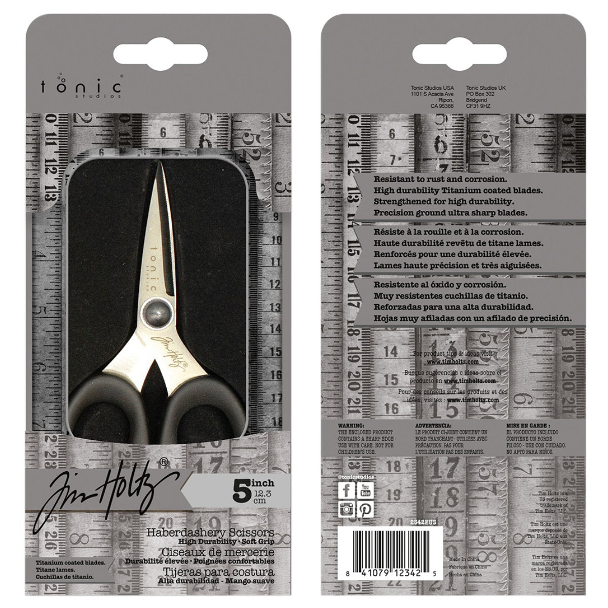 Haberdashery Scissors - 5 inch ... by Tim Holtz. Sharp embroidery scissors with 40mm blades (measured along the inside cutting edge). Made by Tonic Studio with titanium coated, precision ground, ultra sharp blades, these strong, durable scissors are built to last. With its resistance to rust and corrosion, this pair of scissors is perfect for any of your projects whether in the sewing room, craft room or art studio. Back of packing.