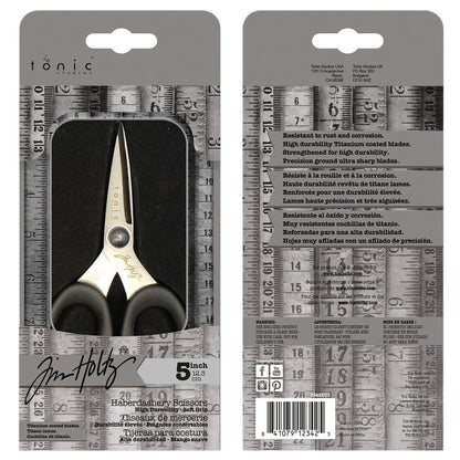 Haberdashery Scissors - 5 inch ... by Tim Holtz. Sharp embroidery scissors with 40mm blades (measured along the inside cutting edge). Made by Tonic Studio with titanium coated, precision ground, ultra sharp blades, these strong, durable scissors are built to last. With its resistance to rust and corrosion, this pair of scissors is perfect for any of your projects whether in the sewing room, craft room or art studio. Back of packing.
