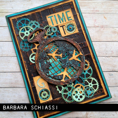 pocket watch with cogs and a globe in rustic browns and blues by Barbara Schiassi - made using World Travel - from the Vault ... Thinlits Die Cutting Templates by Tim Holtz, made by Sizzix (no.666606). Brought back to life by Tim and Sizzix, these vintage designs have been reimagined as Thinlits die cutting templates for art and creativity. These designs cut out an Art Deco style alphabet and numbers (uppercase), with arrows and pieces to create a world globe and aeroplane.