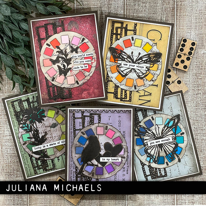 set of 5 cards made by Juliana Michaels using from the Vault 2024 Thinlits Die Cutting Templates by Tim Holtz, made by Sizzix. Designs used are Scribbly Butterflies, Boutique, Lovebirds, Picture Show. Add these wonderful and versatile designs to greeting cards, tags, off the page displays, cards, scrapbook pages, art journaling, all kinds of visual arts and papercrafts.