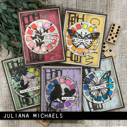 set of 5 cards made by Juliana Michaels using from the Vault 2024 Thinlits Die Cutting Templates by Tim Holtz, made by Sizzix. Designs used are Scribbly Butterflies, Boutique, Lovebirds, Picture Show. Add these wonderful and versatile designs to greeting cards, tags, off the page displays, cards, scrapbook pages, art journaling, all kinds of visual arts and papercrafts.