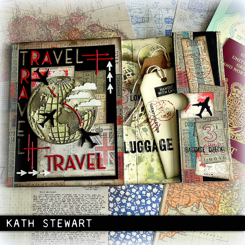 travel styled folio booklet by Kath Stewart - made using World Travel - from the Vault ... Thinlits Die Cutting Templates by Tim Holtz, made by Sizzix (no.666606). Brought back to life by Tim and Sizzix, these vintage designs have been reimagined as Thinlits die cutting templates for art and creativity. These designs cut out an Art Deco style alphabet and numbers (uppercase), with arrows and pieces to create a world globe and aeroplane.