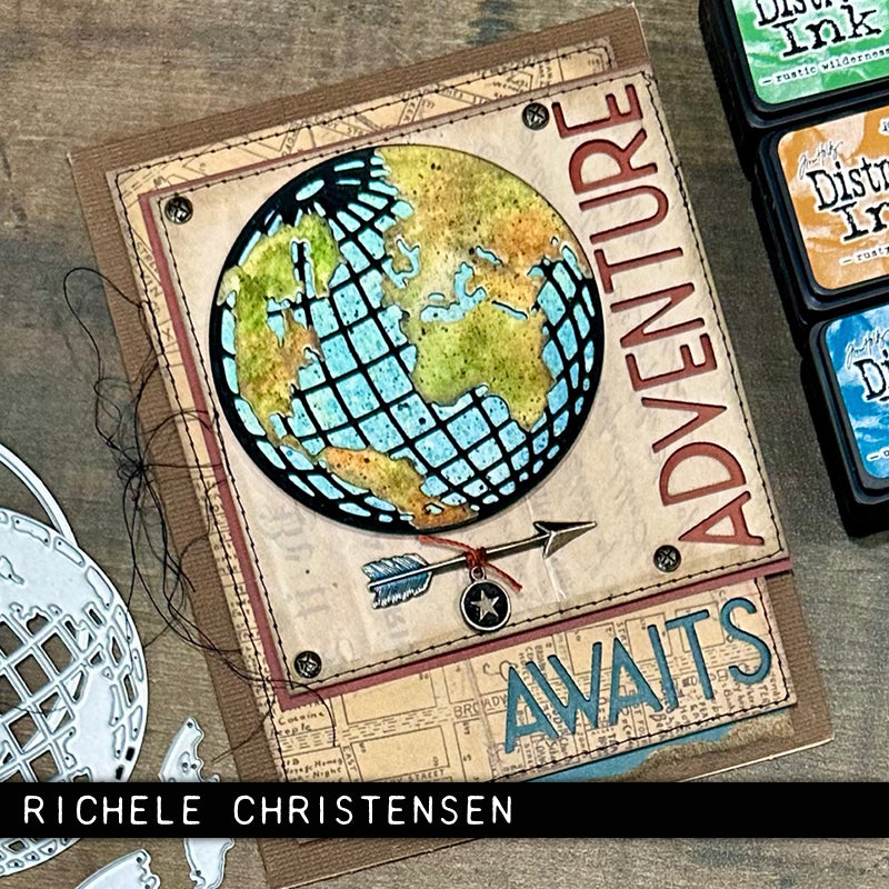 adventurous journal fodder or card topper by Richele Christensen - made using World Travel - from the Vault ... Thinlits Die Cutting Templates by Tim Holtz, made by Sizzix (no.666606). Brought back to life by Tim and Sizzix, these vintage designs have been reimagined as Thinlits die cutting templates for art and creativity. These designs cut out an Art Deco style alphabet and numbers (uppercase), with arrows and pieces to create a world globe and aeroplane.