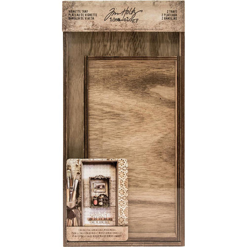 Tim Holtz Idea-Ology. Wooden, shallow, open-top box. TH93568 . Set of 2 (two) trays in 2 sizes, 12cm x 23cm x 2.5cm and 15cm x 30.5cm x 3.2cm, one of each. Tim Holtz Idea-Ology Vignette Tray is an open-topped box is made of real timber, stained in a dark brown (like Vintage Photo). These trays are ideal for creating gifts, assemblage, displays, frames, dimensional art, dioramas, mixed media projects and all kinds of visual arts.