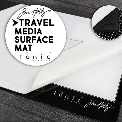 This package contains one Tim Holtz® Media Surface Mat 15.5 x 10 inches, the Tim Holtz Tonic Studios Glass Mat in any photos is not included!  Designed by Tim Holtz, made by Tonic Studios. Photo of the glass mat with notes.