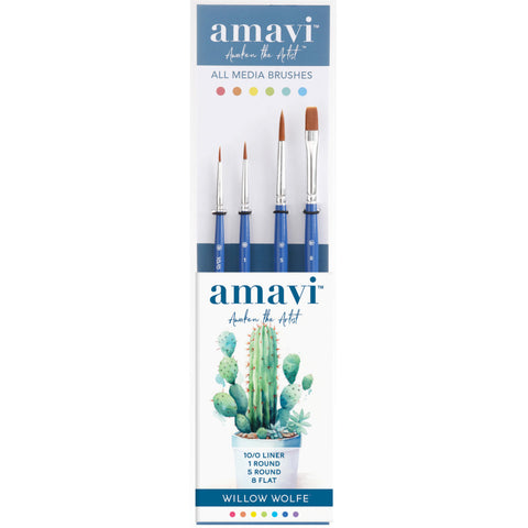 Amavi Set 2, All Media Brushes - Liner, Rounds and Flat ... by Willow Wolfe  ... versatile and durable paintbrushes to use with all kinds of acrylic paints, watercolours, gouache and inks for mixed media, painting, stamping, creating art. Set of 4 (four) - no.10/0 Liner, no.1 Round, no.5 Round, no.8 Flat Shader - one of each kind.